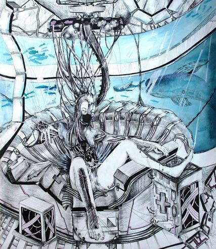 Black and white drawing of a girl covered in wires with a blue ocean background