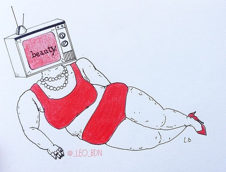 Drawing of a fat woman in a red bra, red underwear, red heels, and pearls with a TV reading 