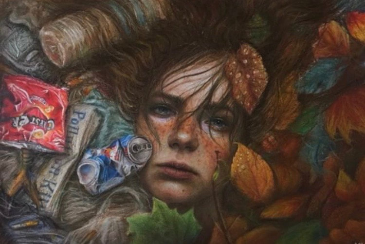 Drawing of a young girl covered in discarded trash on one side and autumn leaves on the other