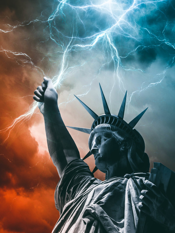 Edited photograph of the Statue of Liberty holding a lightning bolt