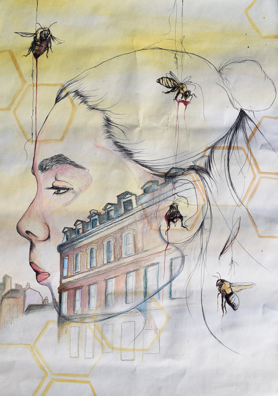 Drawing of a girl in profile with a building, bees, and honeycombs