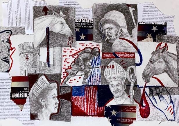 Drawings of historical figures and horses over ripped textbook pages and red crayon 