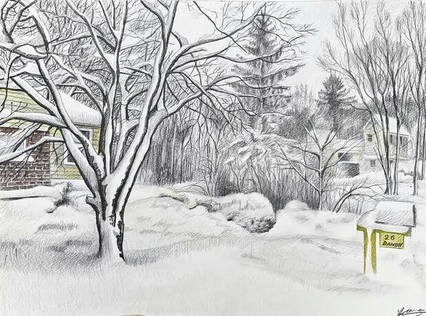 Drawing shows a snowy landscape with a big tree outside of a suburban home