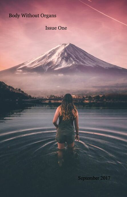 Edited photograph of a girl wading through water toward a big mountain and pink sky
