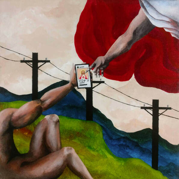 Recreation of the Sistine Chapel but Adam and God's hands touch on a phone showing an Instagram photo of Jesus