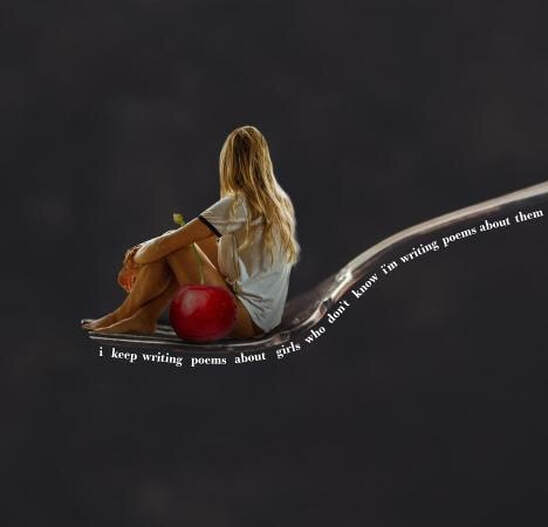 Edited photograph of a girl sitting next to a big cherry on a fork. Text reads, 
