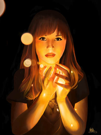 Digital drawing of a girl holding light spots in her fingers