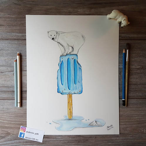Drawing of a polar bear standing on top of a melting blue popsicle