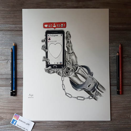 Drawing of a skeleton hand chained to a phone showing an Instagram photo and likes