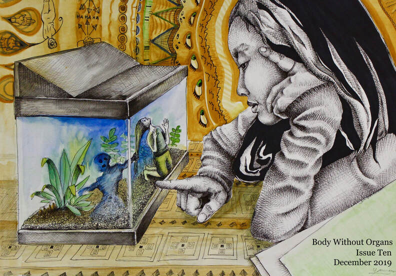 Drawing of a young girl staring into a fish tank where two small figures scream, with a yellow background with eyes and geometric designs