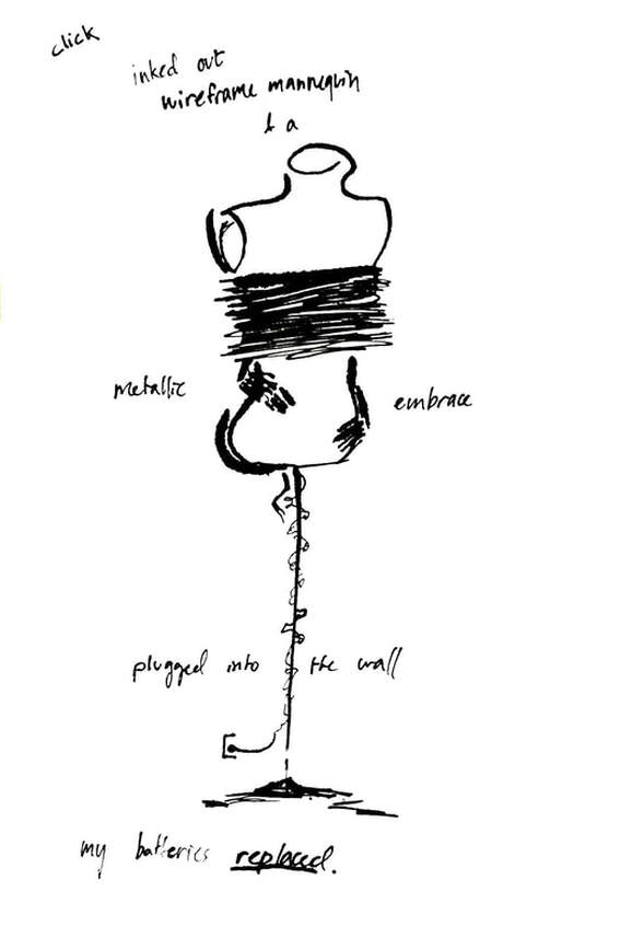 Drawing of a dress mannequin on a pole, wrapped in string lights. Text reads, 