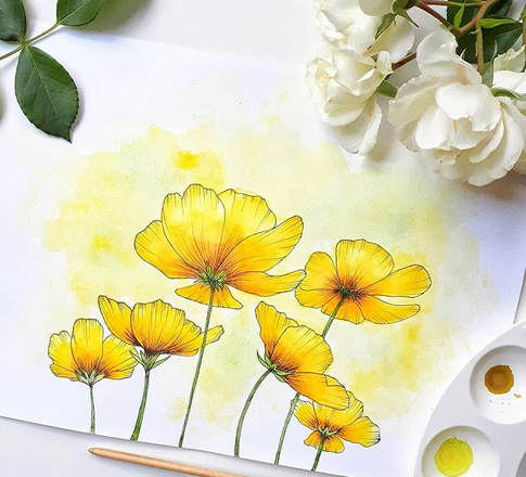 Watercolor painting of yellow flowers