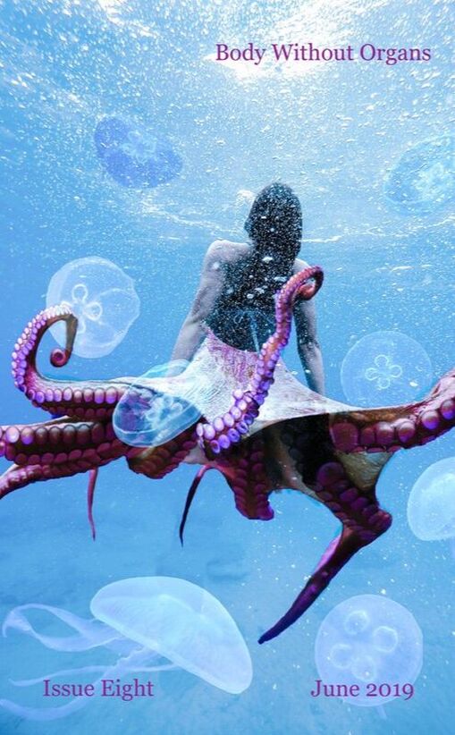 Edited photograph shows a girl swimming through bright blue water with big pink octopus tentacles