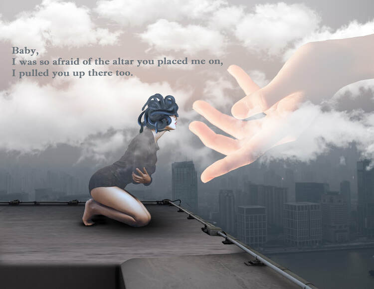 Digital drawing shows a girl with snake hair leaning off the edge of a skyscraper into a big extended hand. Text reads, 