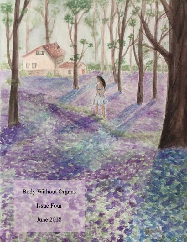Drawing of a girl walking on purple and blue flowers toward a small house