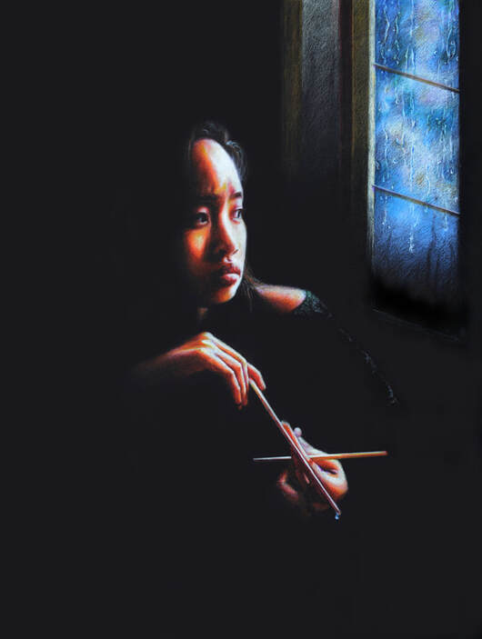 Girl sits in darkness looking out a blue, rainy window and polishing a small wooden tool