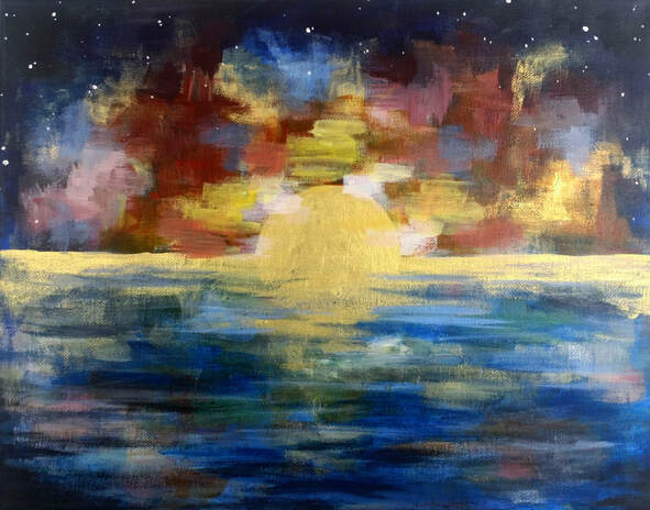 Painting of a sunset over water with broad brushstrokes