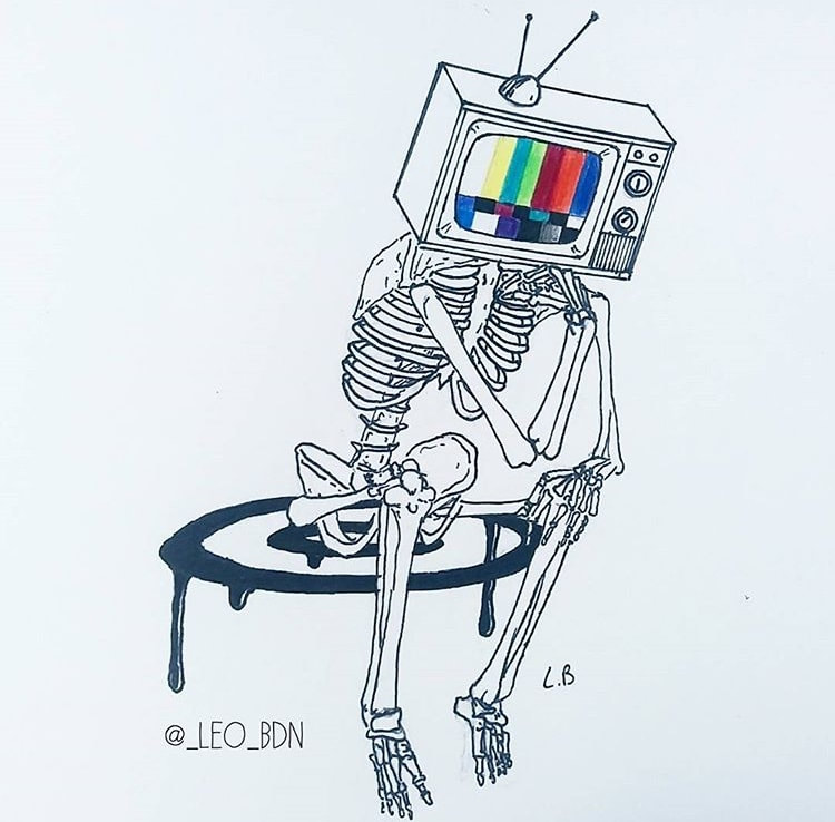 Drawing of a skeleton with a rainbow TV for a head sitting on a small trampoline, looking sad and thoughtful